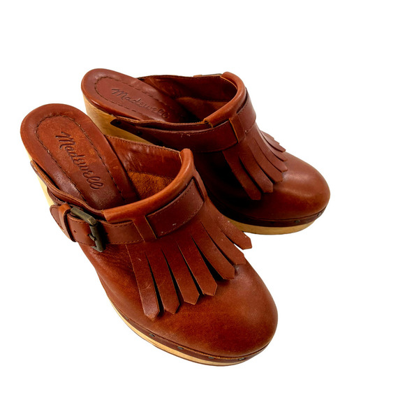 Madewell Womens Leather Fringe Clog Platform Shoe Round Toe Size 6US Brown - Picture 1 of 10